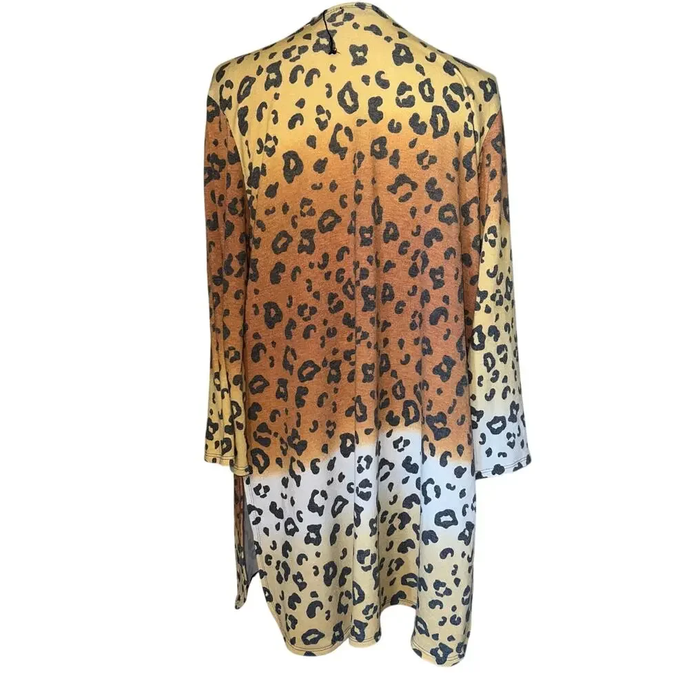 Animal Print Ombré Boho Cardigan Size XL Bold Cheetah Leopard Brown Yellow
